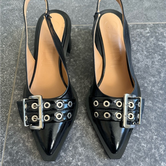 Ganni Black Patent Slingback Heels with Buckle Detail - Picture 3 of 7